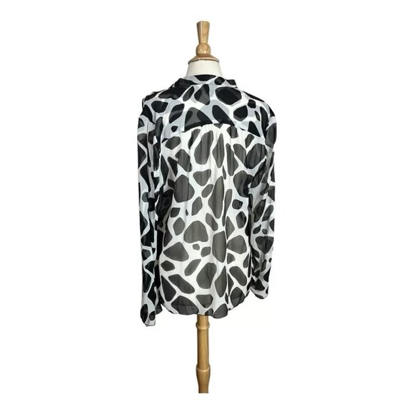 Talbots Pure Silk Shirt 18 Sheer Button Bell Long Sleeve Black White Abstract - Picture 2 of 8